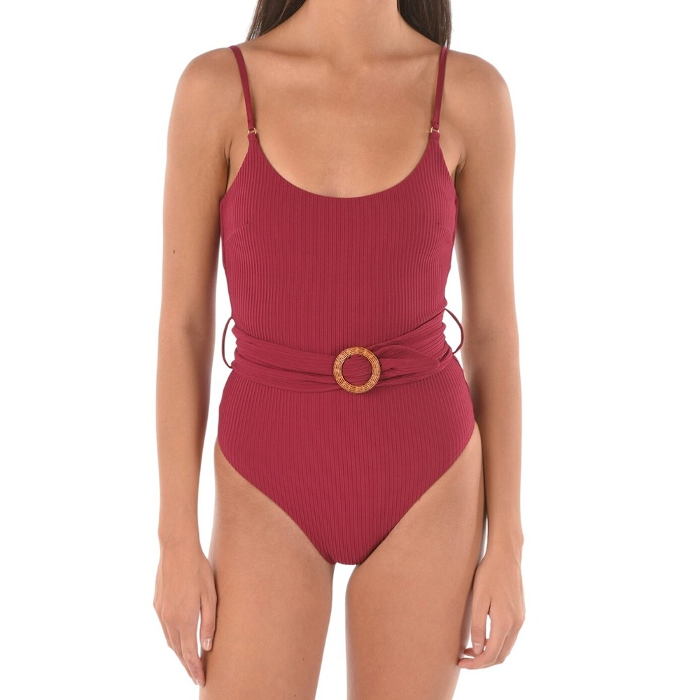 Zimmermann Ribbed Mae One Piece Swimsuit Belt Scoop Neckline Cute Summer